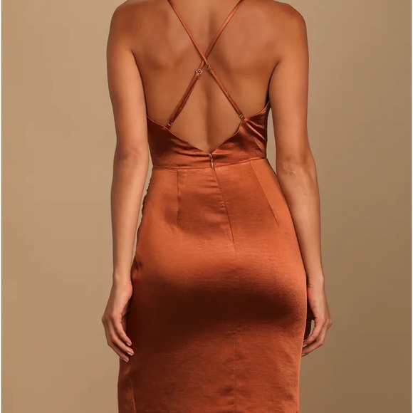 ❤️ Lulus Hot Night Out Bronze Satin Surplice Faux-Wrap Dress - Picture 5 of 6